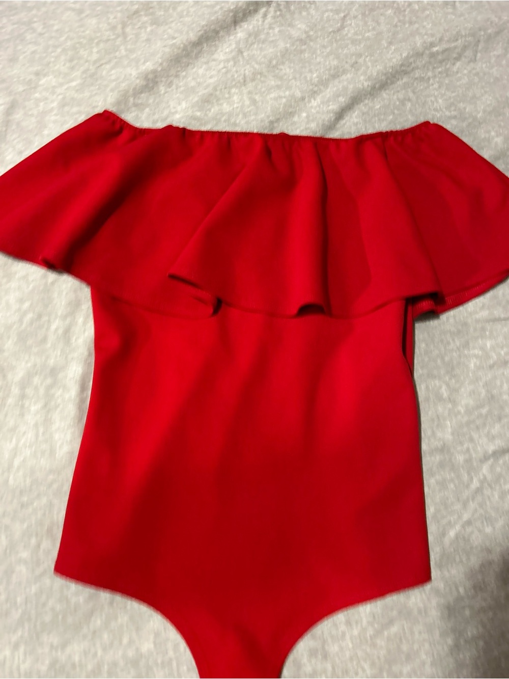 Red Ruffle Off-Shoulder One-Piece Bodysuit - Picture 2 of 6